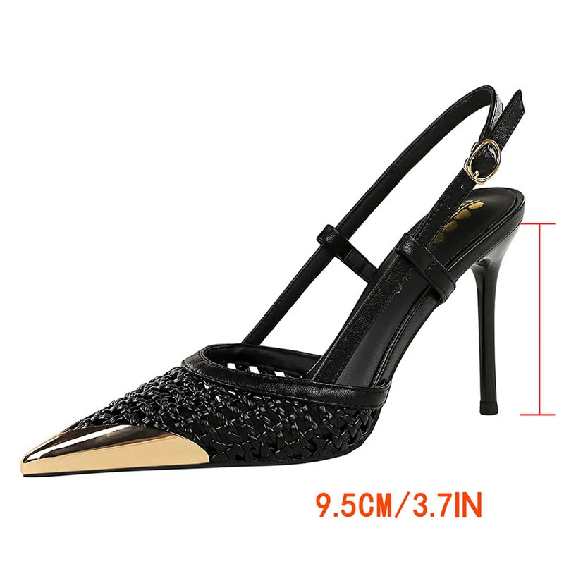 Woven Hollow Pointed-Toe Stiletto Pumps for Women – 9.5 cm (3.7 in) Buckle High Heels, Summer Party Sandals
