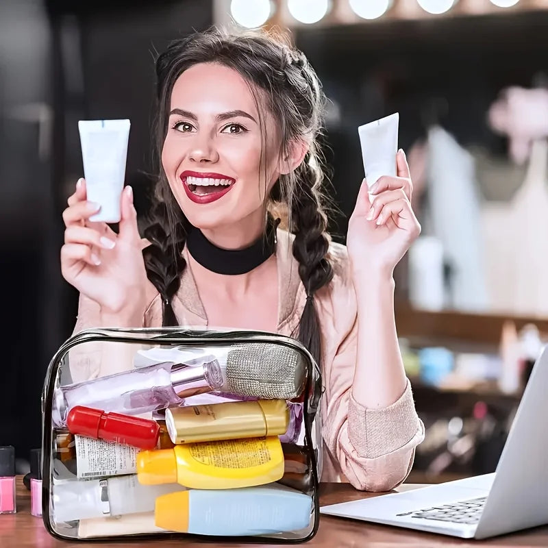 3-Piece Clear Travel Cosmetic Bag Set - Zippered PVC Toiletry & Makeup Organizers