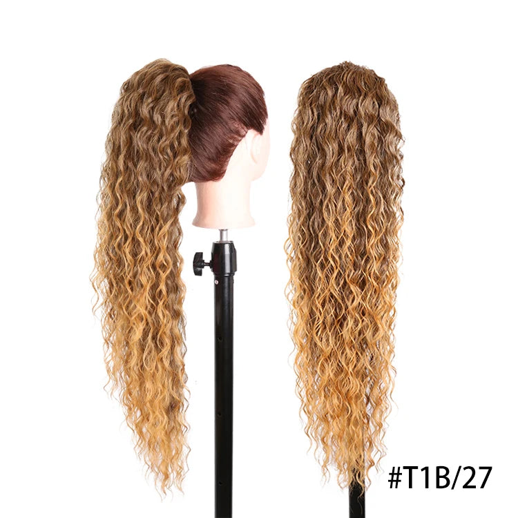 Long Ombre Blonde Synthetic Clip-In Braided Wavy Ponytail Hairpiece — Black to Brown Hair Extension