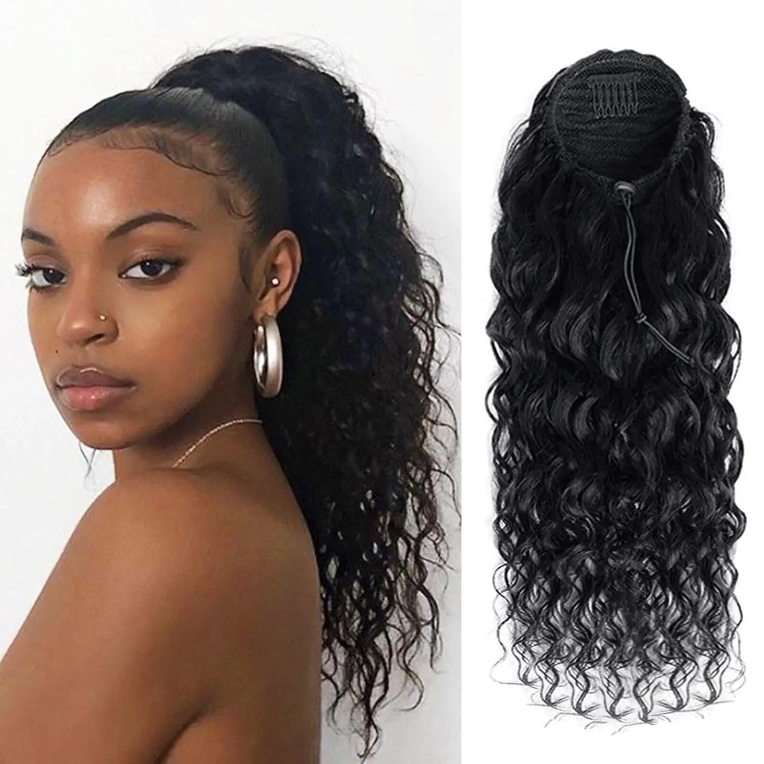 Deep Wave Drawstring Ponytail 26 in (66 cm) 100% Remy Brazilian Human Hair Clip-In Hairpiece - Natural Black