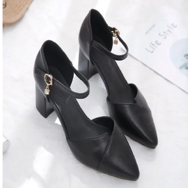 Women's Pointed Toe Square Heel Pumps – Comfortable Faux Leather Buckle Strap Heels (3–5 cm) for Office & Party