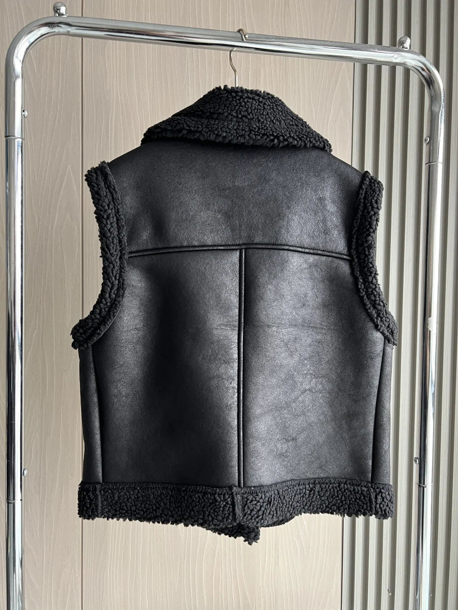 Women's Faux Leather Jacket with Teddy Fur Collar and Taffeta Lining - Warm Autumn/Winter Coat