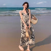 Artistic Ink Floral Maxi Sundress - Linen-Feel Polyester Beach Dress with Side Slit & Adjustable Straps