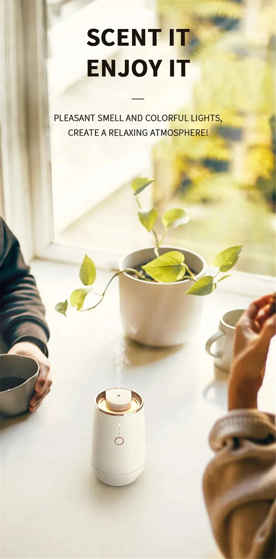 Car Aroma Diffuser USB Rechargeable Essential Oil Air Freshener with Start-Off Function and 9-Color LED Lights