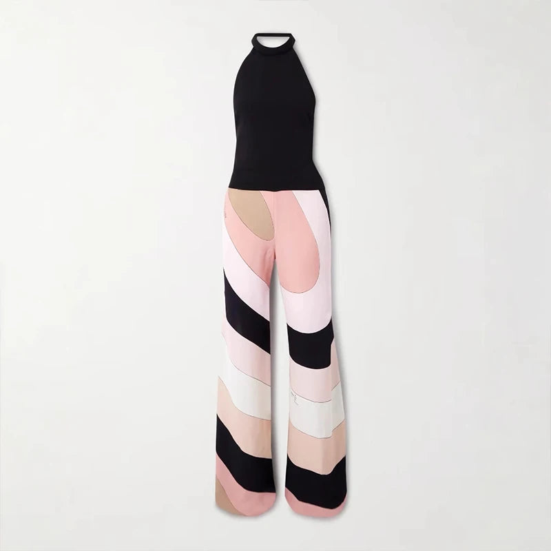 Vintage Contrast Sleeveless Wide-Leg Jumpsuit – Off-Shoulder Halter Backless Romper for Women