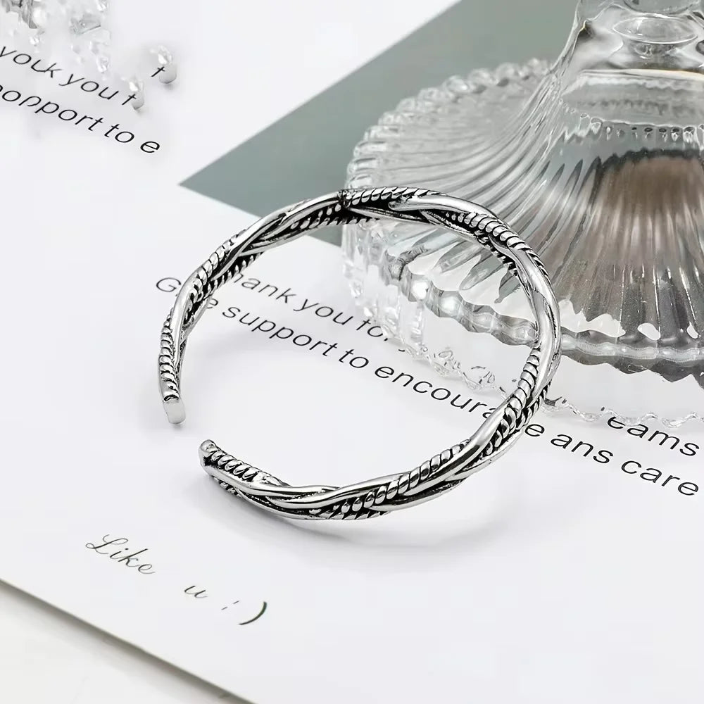 Antique Silver Twist Cuff Bracelet - Adjustable Open Bangle 7cm (2.75in) Unisex