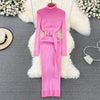 YUOOMUOO Turtleneck Wrap Midi Knit Sweater Dress with Belt - Long Sleeve Bodycon, Autumn/Winter, One Size