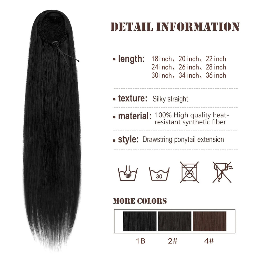 20 in (50 cm) Drawstring Clip-In Ponytail Extension Long Straight Heat-Resistant Synthetic Hairpiece for Women