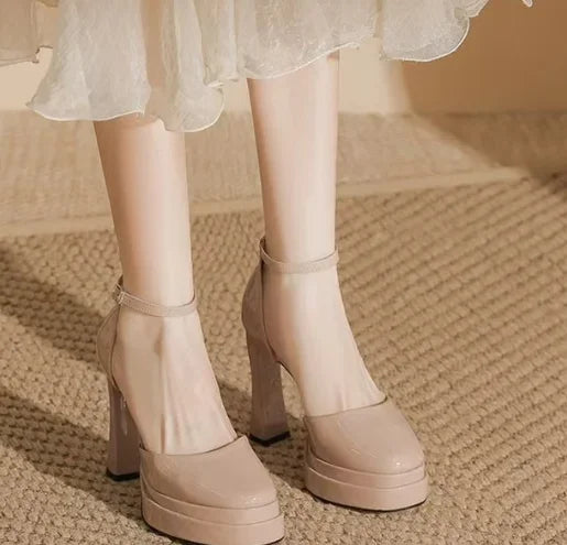 Women's Waterproof Patent PU Platform Sandals – 11 cm (4.3") Chunky Heel, Buckle Strap, White, EU 35-42