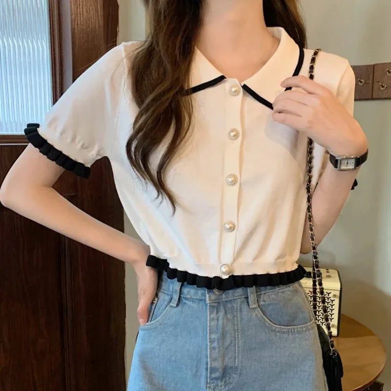 Korean Knit Turn-Down Collar Crop Blouse - Short Sleeve Slim Summer Top for Women