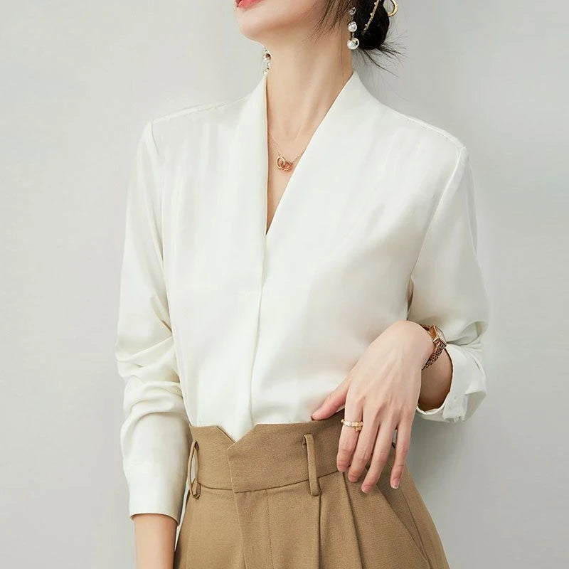 Korean Solid V-Neck Chiffon Blouse — Elegant Long Sleeve Loose-Fit Women's Commuter Shirt