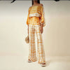VEITCHE Women's Off-Shoulder Print 2-Piece Set — Long Sleeve Blouse & High-Waist Wide-Leg Pants