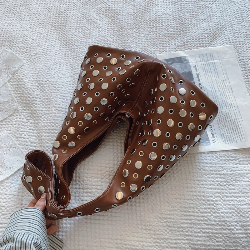 Rivets PU Leather Bucket Hobo Bag for Women - Punk Shoulder Handbag Purse