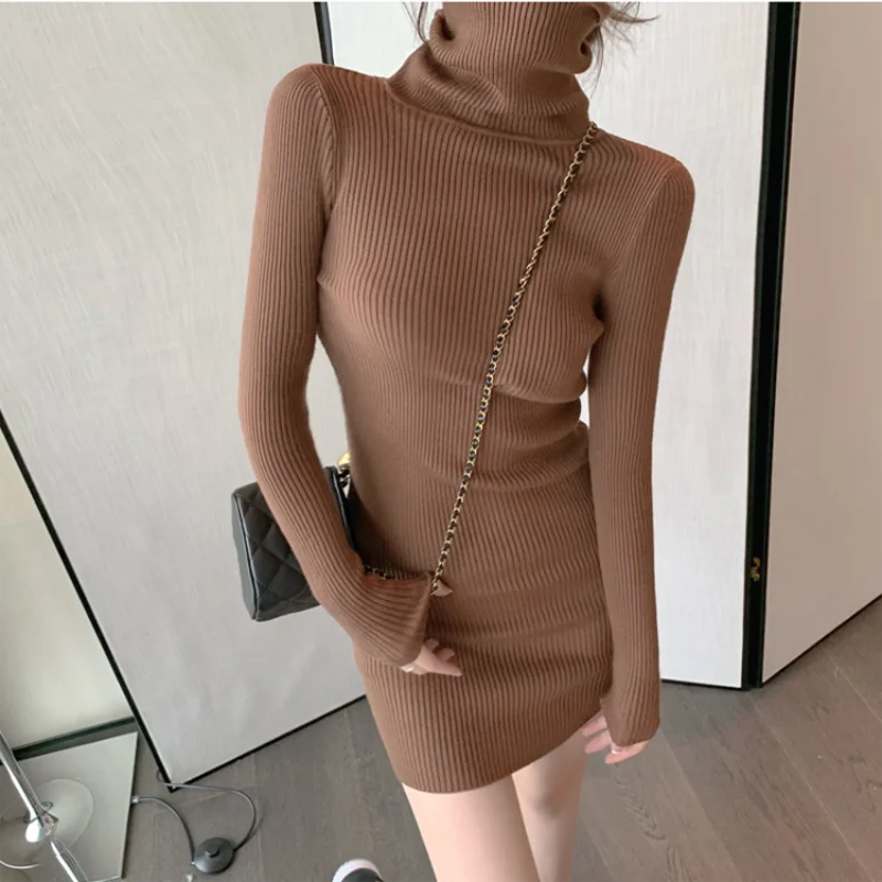 Women Autumn Winter Warm Turtleneck Bodycon Knit Mini Dress Long Sleeve Office Pullover