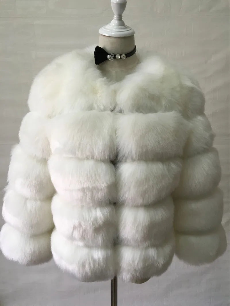 Women's White Faux Fox Fur Coat – Slim Plush Faux-Fur Winter Jacket