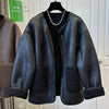 Women's Leather & Fur Splice Round-Neck Short Jacket – Loose Fit Autumn/Winter Coat