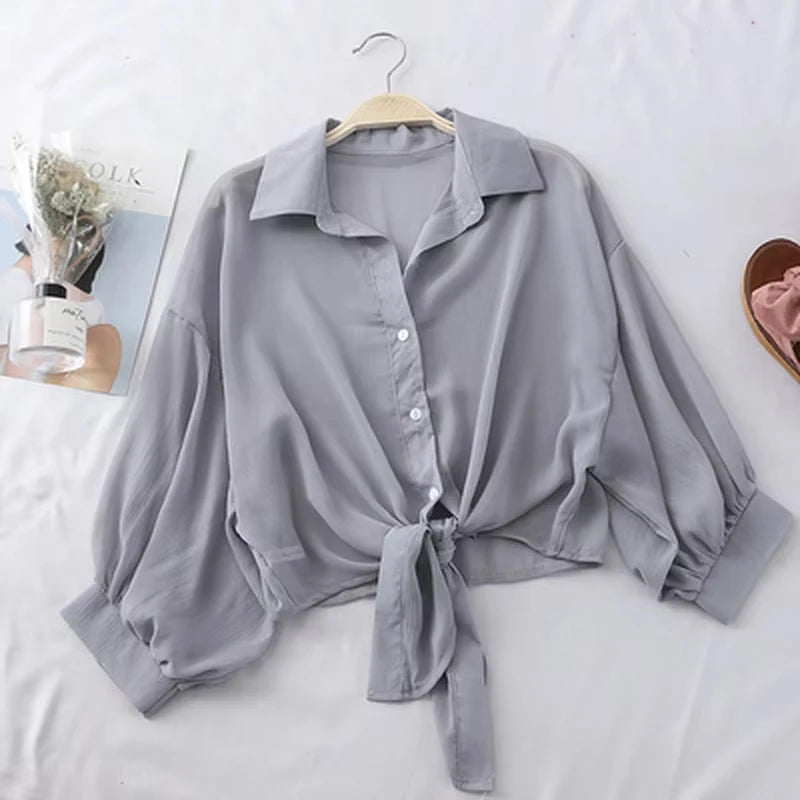 Women's Chiffon Tie Waist Blouse Batwing Half Sleeve Summer Casual Hollow Button Top White