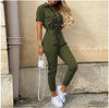 Women's Printed Belted Button-Front Collared Jumpsuit – Casual Office Capri (Ankle-Length)
