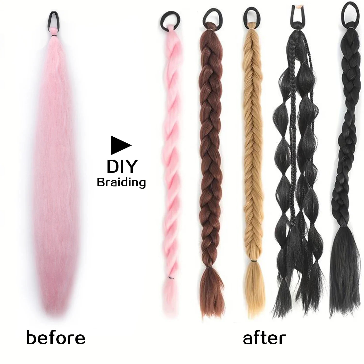 Braided Synthetic Ponytail Extension with Elastic Band – Long Kinky Straight High-Temp Hairpiece for Women & Girls (Pink Purple Blue)