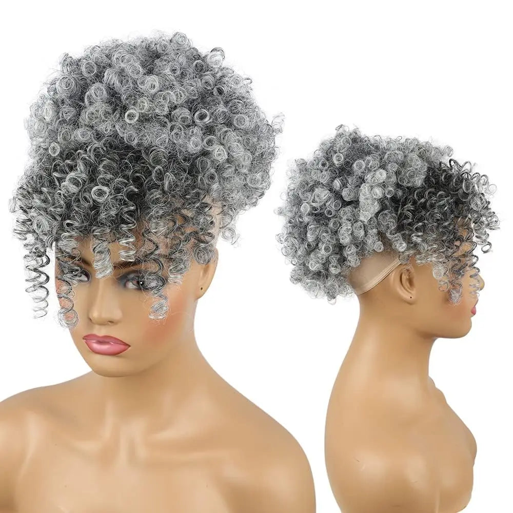 Afro Puff Drawstring Ponytail with Bangs – Short Curly Clip-In Wrap Updo, Heat-Resistant Synthetic Hair
