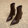 Women's PU Pointed Toe Ankle Chelsea Boots with Square High Heel & Metal Accent