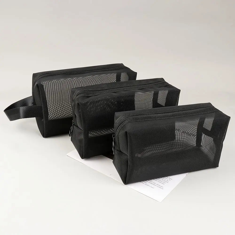 Black Mesh Travel Cosmetic Bag – Zipper Makeup & Toiletry Organizer for Women