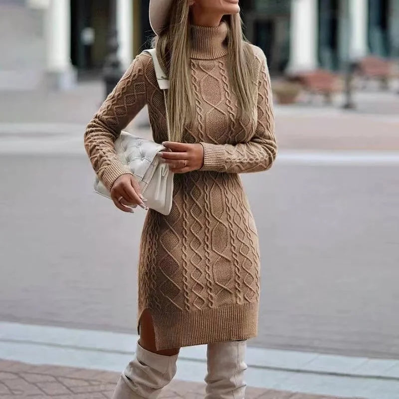 Women's Knitted Turtleneck Sweater Dress - Thick Warm A-Line Mid-Calf Wrap Hip Skirt, Long Sleeve
