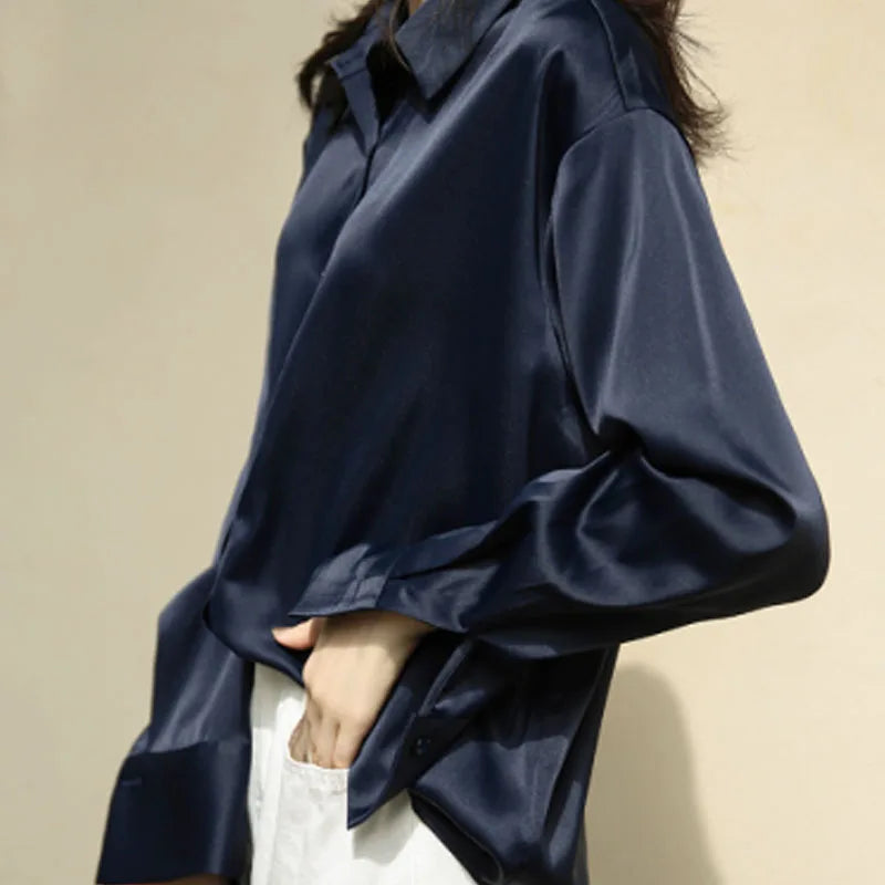 Elegant Satin Women's Button-Up Blouse Turn-Down Collar Vintage Casual Silk-Look Top