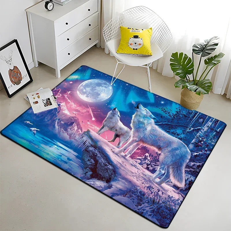 Wolf & Moon Area Rug – Scenic Wolf Moon Pattern Non-Slip Carpet for Living Room & Bedroom, Soft Large Area Rug (23×35–70×102 in | 60×90–180×260 cm)