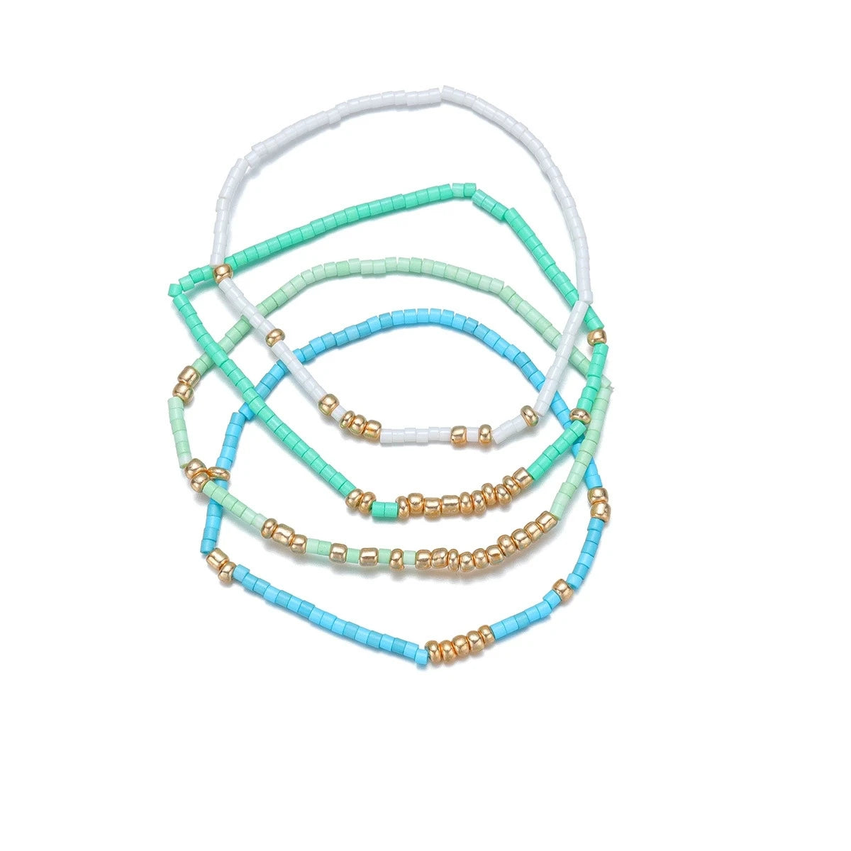 Boho Seed Bead Stretch Bracelet Set - 4-Pack Gold Elastic Bangles for Women, Handmade Geometric Summer Jewelry