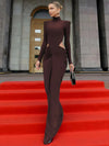 Mozision Turtleneck Long-Sleeve Ruched Hollow-Out Maxi Dress - Elegant A-Line Floor-Length for Women (Autumn/Winter)