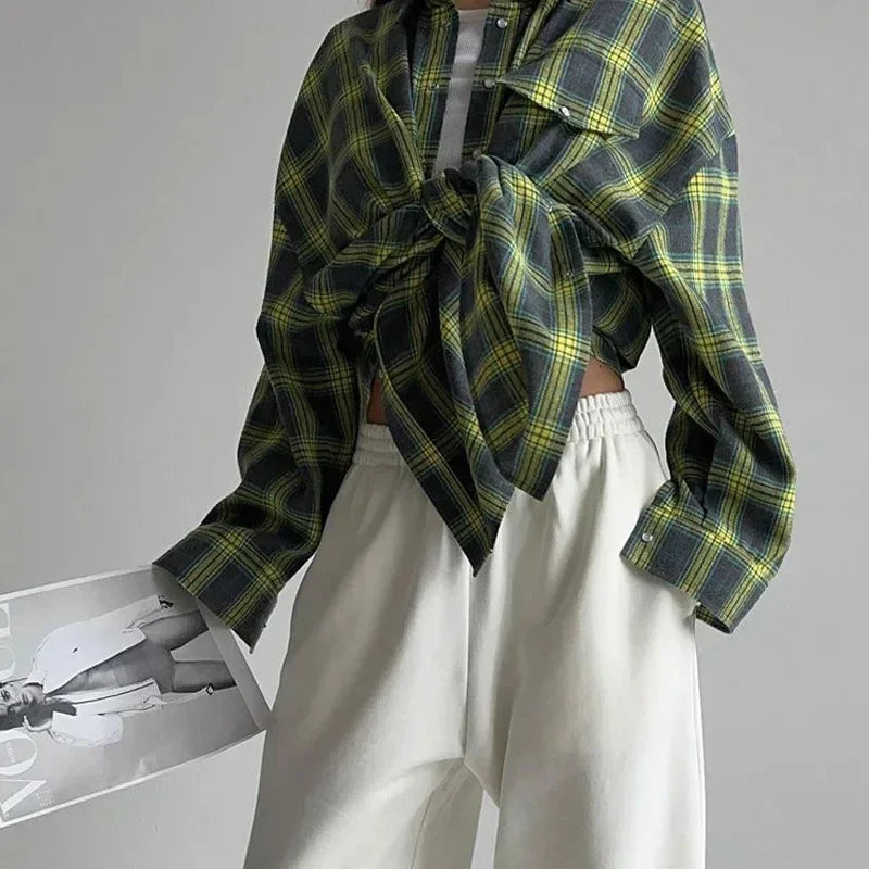 Oversized Women's Plaid Button-Down Shirt - Long Sleeve Tunic Blouse with Pockets, Korean Style Autumn/Winter