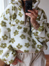 Women’s Sherpa Floral Half-Zip Hoodie — Loose Fit Warm Pullover Sweatshirt (Autumn Winter)