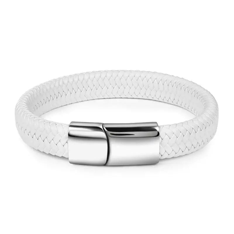 Men's White Braided Leather Bracelet with 316L Stainless Steel Double-Safety Magnetic Clasp — Sizes 18.5/20.5/22 cm (7.3/8.1/8.7 in)