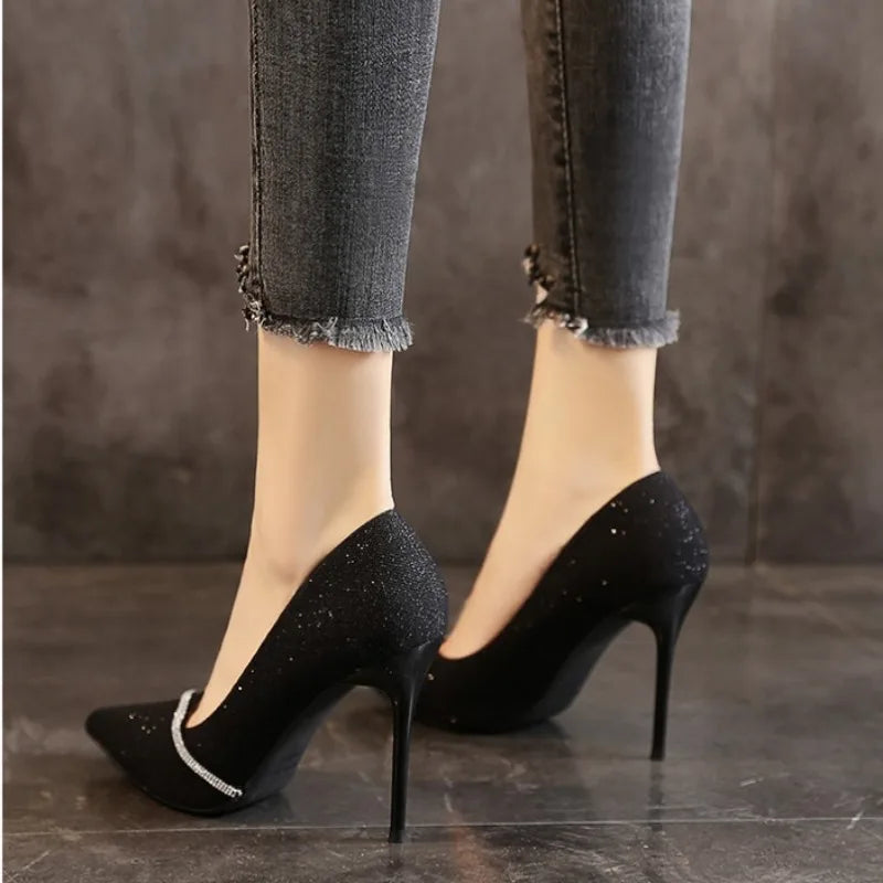 Women's Black Pointed Toe Thin Heel Pumps - Slip-On High Heels (5-8 cm)