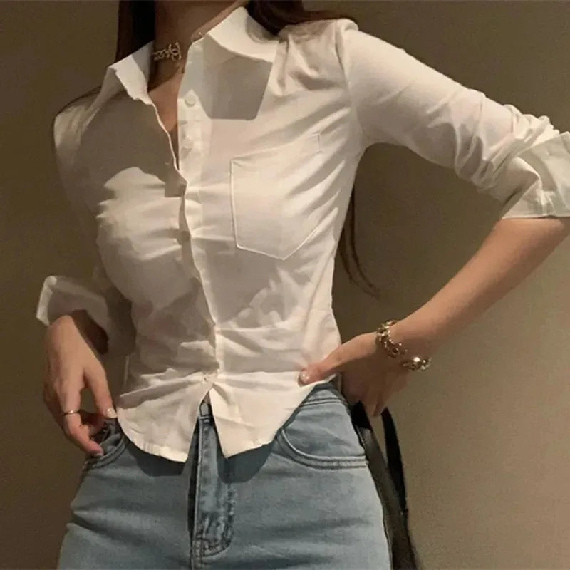 Women’s White Chiffon Button-Down Blouse with Pocket — Long Sleeve Lapel Office Top