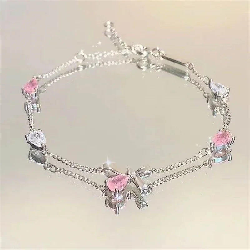 Pink Cherry Blossom Crystal Bracelet for Women & Girls – Bowknot Zircon Dainty Link Chain