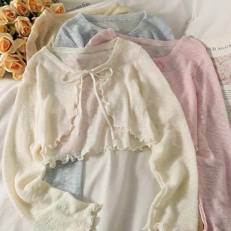 Women's Lace-Up Bow Crop Cardigan - V-Neck Knit Long Sleeve Korean Aesthetic Top