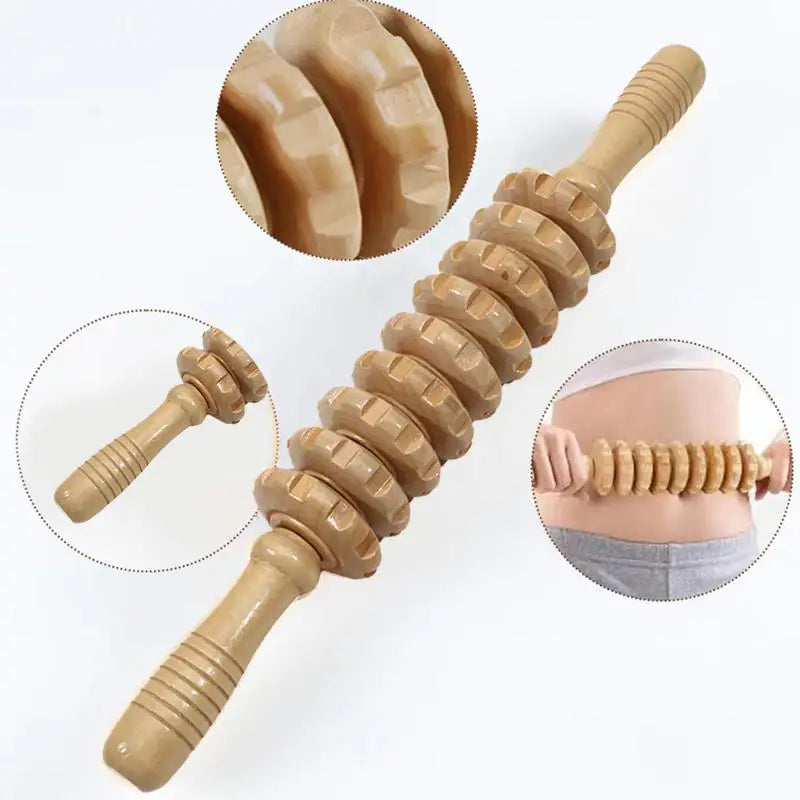 Wooden Handheld Massage Roller and Gua Sha Tool – Full-Body Trigger Point Massager for Women & Men