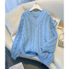 MEXZT Harajuku Oversized Pink V-Neck Knit Sweater for Women, Korean Long Sleeve Streetwear