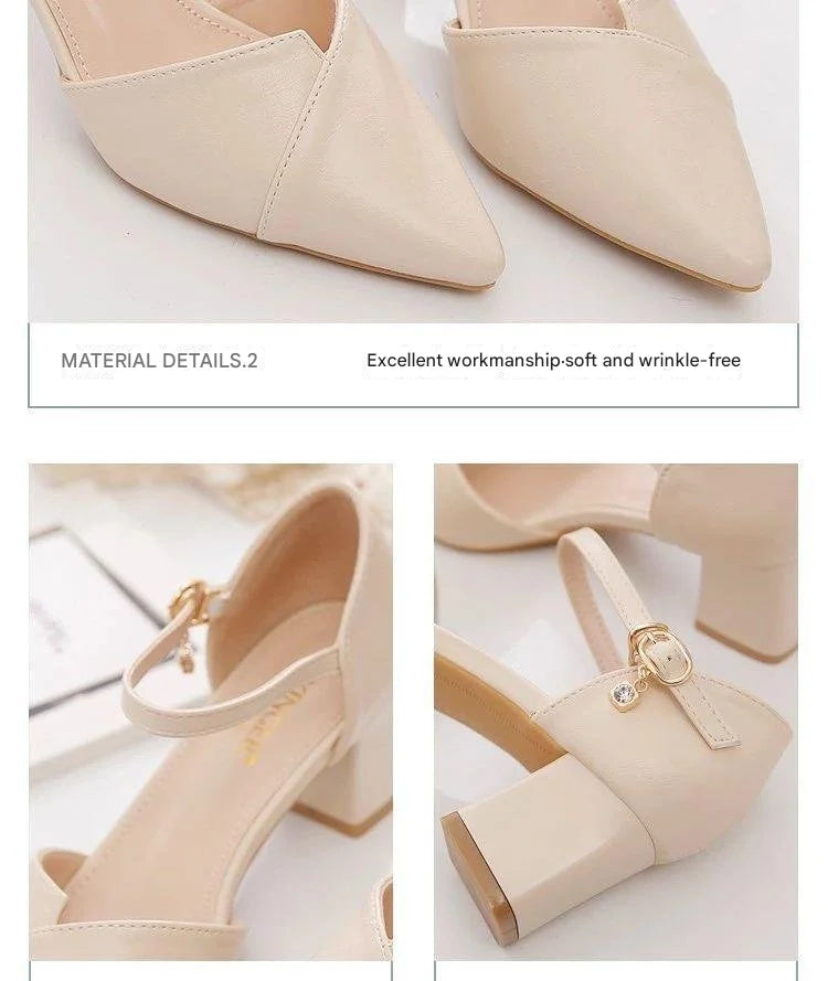 Women's Pointed Toe Square Heel Pumps – Comfortable Faux Leather Buckle Strap Heels (3–5 cm) for Office & Party