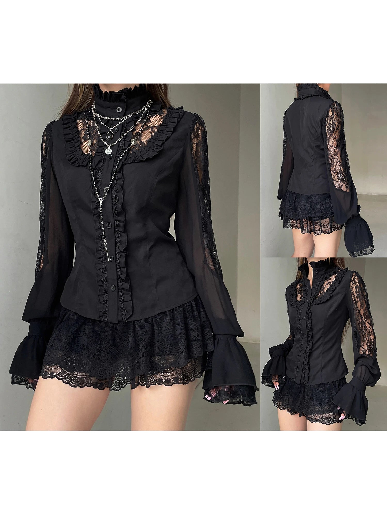 Floral Embroidered Lace Patchwork Button-Down Blouse for Women Long Sleeve Casual V-Neck Top