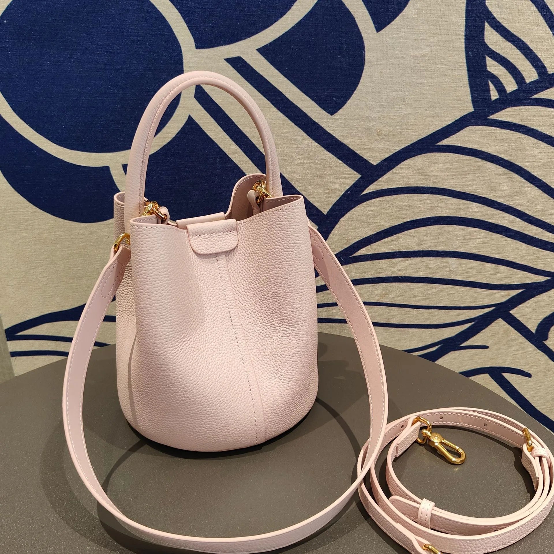 Lavender Purple Round Bucket Tote Small Genuine Cowhide Leather Shoulder & Crossbody Bag for Women