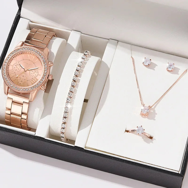 Women's Luxury Quartz Watch & 5-Piece Rhinestone Jewelry Set – Stainless Steel Strap, Bracelet, Necklace, Earrings & Ring