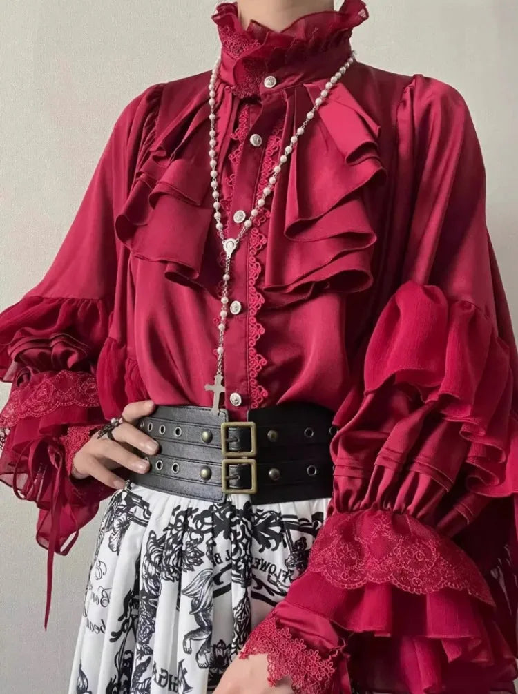 Kawaii Lolita Blouse for Women – Vintage Lace Patchwork Lantern Sleeve Top, Y2K Aesthetic JK Cosplay