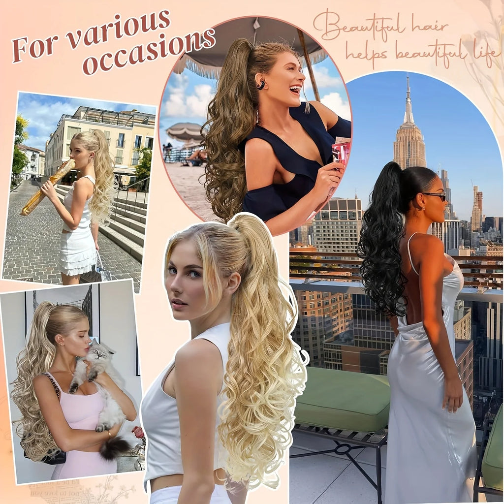 Clip-In Ponytail Extension for Women 22 in (56 cm) Body Wave Curly Claw Clip Synthetic Natural Look