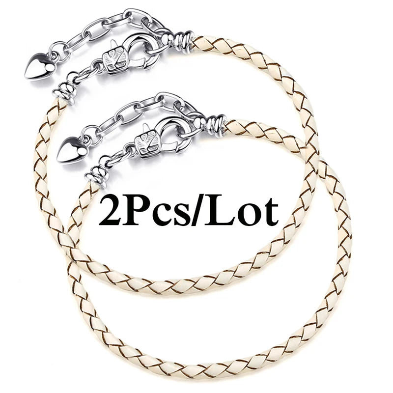 2-Pack Leather Chain Charm Bracelets with Beads – Handmade Couples Pulsera Jewelry (Unisex)