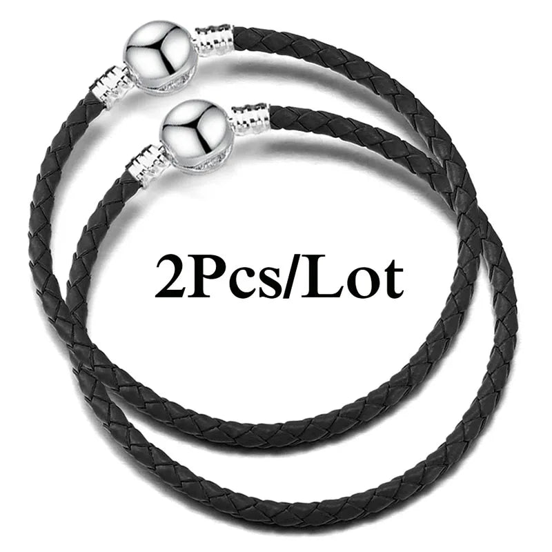 2-Pack Leather Chain Charm Bracelets with Beads – Handmade Couples Pulsera Jewelry (Unisex)