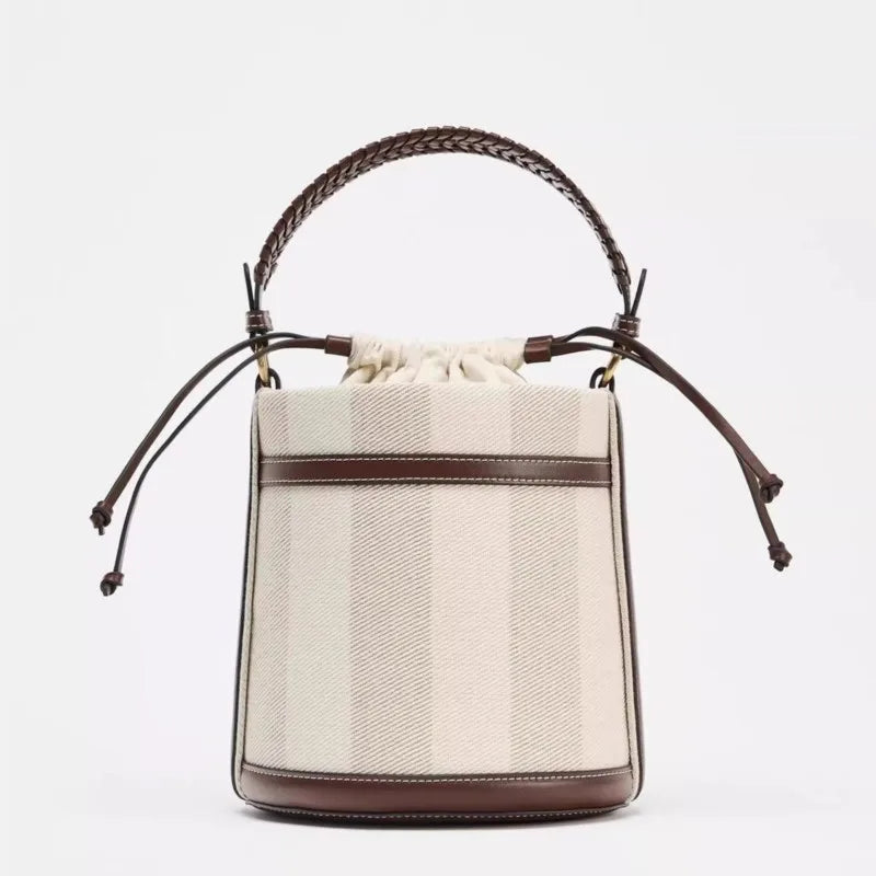 Small Woven Drawstring Bucket Bag for Women - Retro Stitching Shoulder & Crossbody Bag