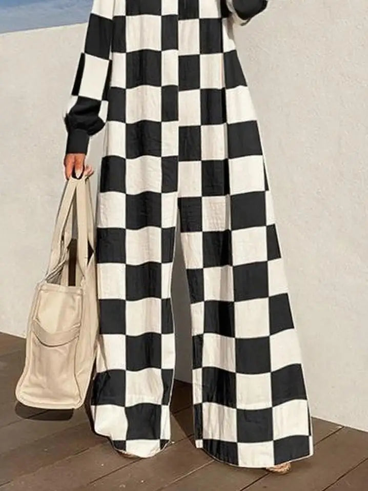 One-Shoulder Plaid Wide-Leg Jumpsuit for Women - Loose Long-Sleeve Oversized Romper, Casual Spring/Autumn